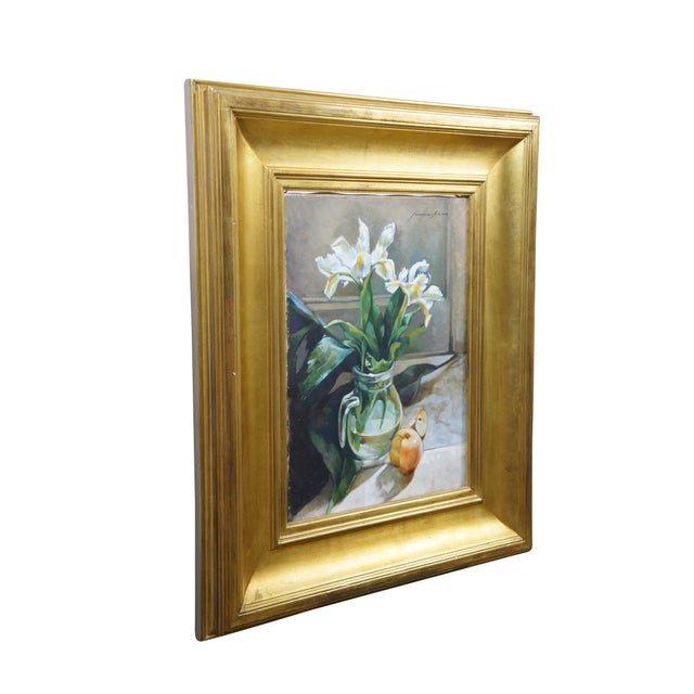 Realism Vintage Still Life Oil Painting White Irises in Glass Vase Realism Framed For Sale - Image 3 of 11