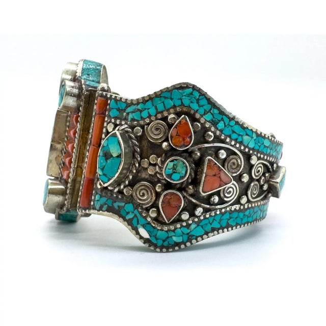 Moroccan Vintage Moroccan Tribal Turquoise & Coral Jewelry Set, Cuff , Ring , Pair of Earrings (4 PCS For Sale - Image 3 of 12