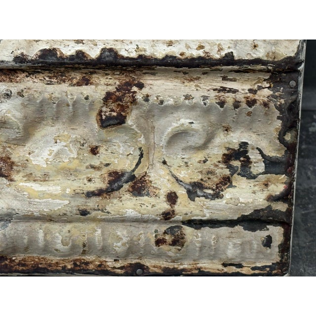 Distressed White Embossed Tin Architectural Wall Panel, Vintage For Sale - Image 11 of 12