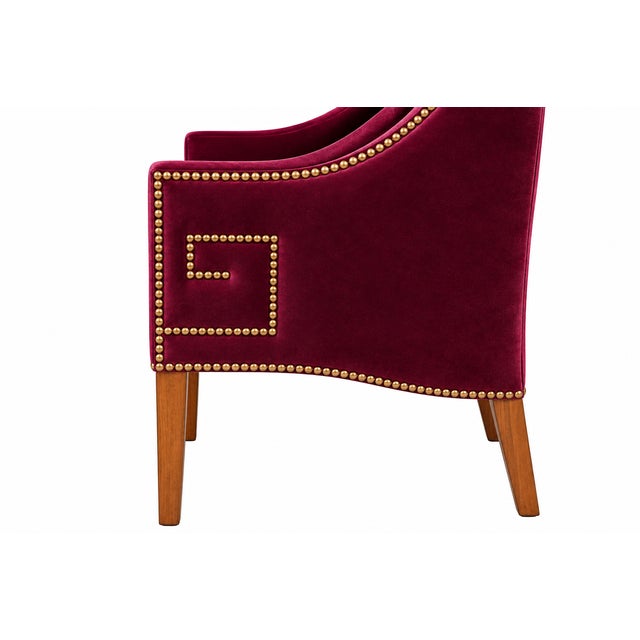 Custom Velvet High-Back Armchairs With Greek Key Nailhead Trim — Pair For Sale - Image 4 of 8