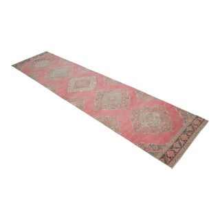Vintage Turkish Runner Rug Hand-Knotted Coral Pink Hallway Runner Authentic Oushak Rug 3x13 Ft Approx For Sale