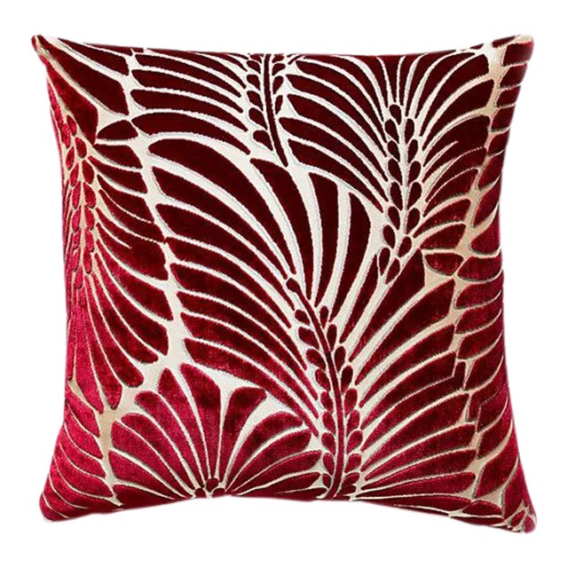 The House of Scalamandré Plumes Silk Velvet Pillow, Cerise For Sale