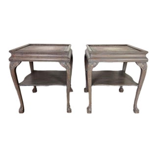 Pair of Distressed English Chippendale End Tables, Leather Tops, 1930s For Sale