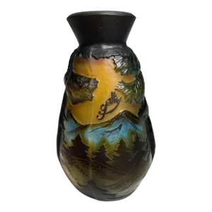 Cameo Glass Vase Marked Galle With Mountain Scenery