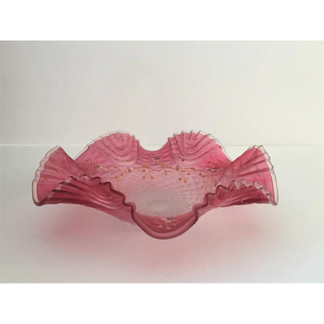 Late 19th Century Bohemian Victorian Art Glass Pink Cranberry Satin Glass Bride's Bowl with Diamond Optic Quilting Enameled Flowers For Sale - Image 13 of 13