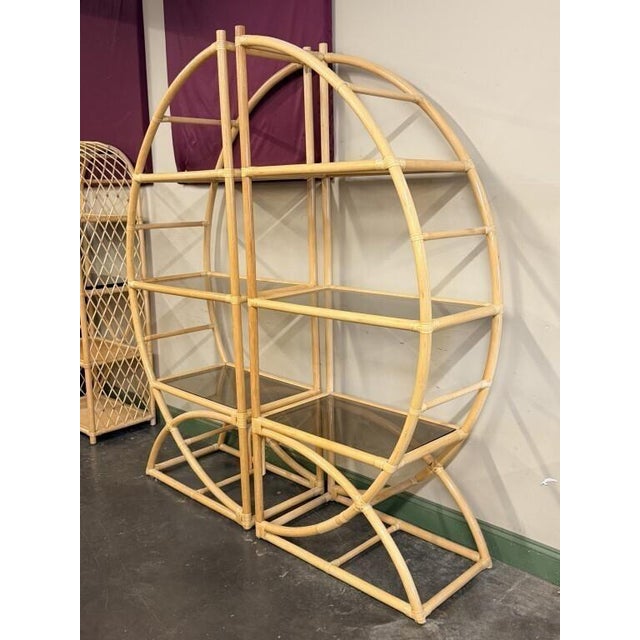 Late 20th Century 84-Inch Rattan Half-Round Etageres With Smoked Glass Shelves - A Pair For Sale - Image 5 of 8