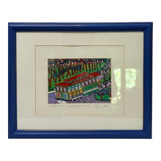 1990s Signed Peter Lee "Cable Car San Francisco" Framed Miniature Print, Blue Wood Frame For Sale
