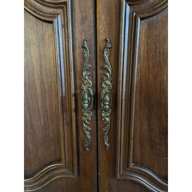 Mid 20th Century French Provincial Style Buffet Sideboard — Carved Door Panels, Ornate Brass Pulls, Silverware Drawer For Sale - Image 5 of 15