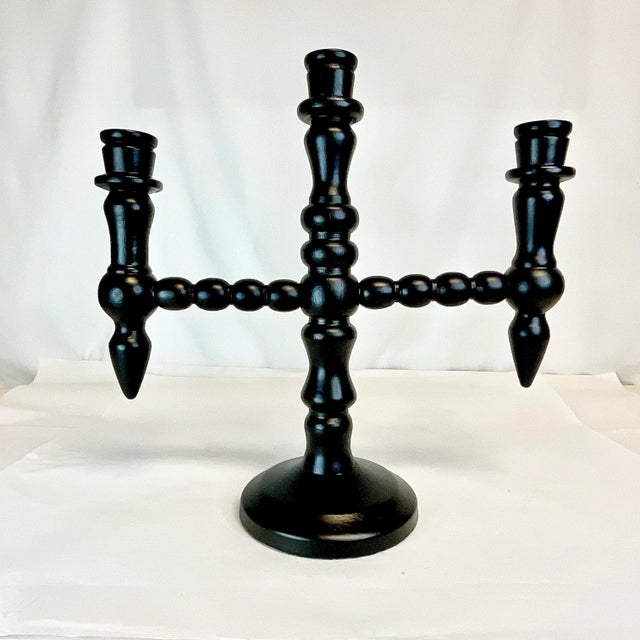 Mid-Century Modern Cinco De Mayo - Vintage Boho Chic Mexican Ebonized Hand-Turned Wood 3-Arm Candelabra. For Sale - Image 3 of 9