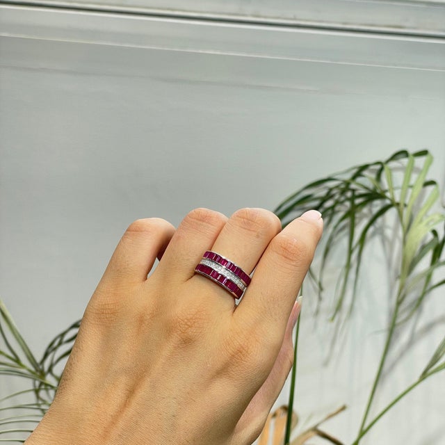 Art Deco Baguette Cut 3.16 Ct Ruby & Diamond Wide Anniversary Band Ring, Size 7 For Sale - Image 9 of 14