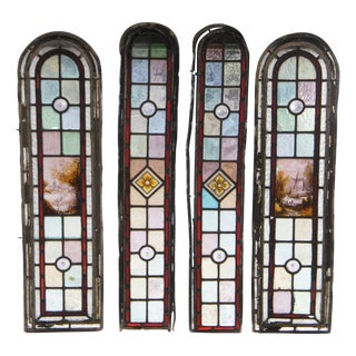 Set of 4 Antique English Edwardian Era Hand Painted Arched Leaded Stained Glass Windows For Sale