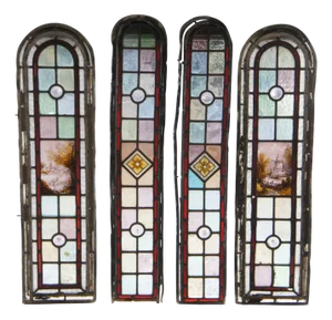 Set of 4 Antique English Edwardian Era Hand Painted Arched Leaded Stained Glass Windows