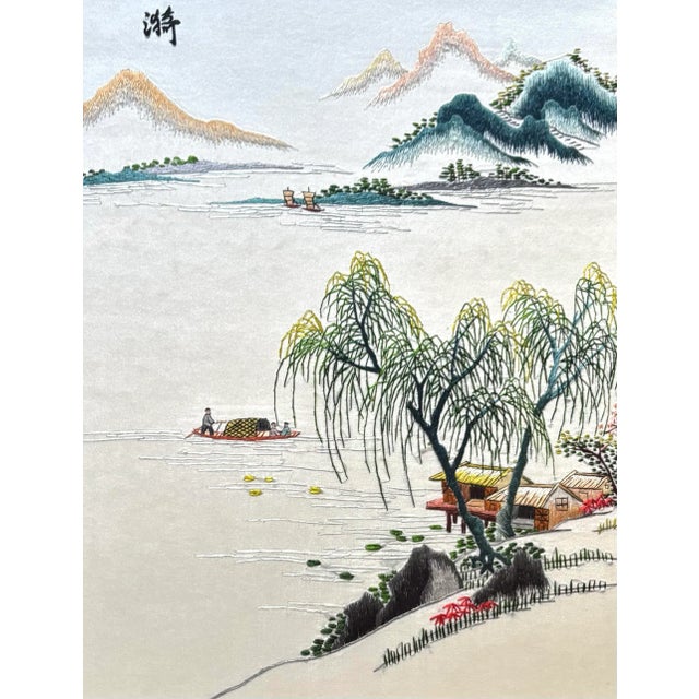 Fine mid-20th century Japanese landscape silk embroidery pair, matted and framed. Beautifully rendered in exquisite detail...
