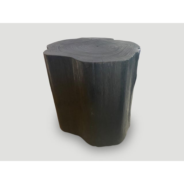 Large scale solid reclaimed teak wood side table. Charred, sanded and sealed revealing the beautiful wood grain. The...