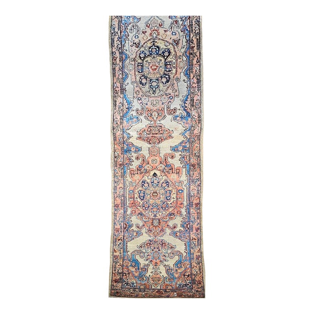 Antique Persian Malayer Runner Rug, Hand-Knotted Wool, Geometric Pattern, 4x20, Ivory & Blue For Sale