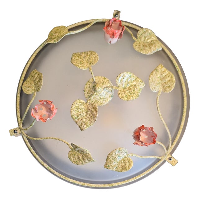Florentine Ceiling Lamp with Colored Metal Flower Frame and Frosted Glass Shade, 1990s For Sale