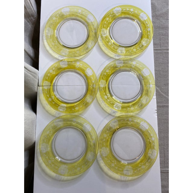 Rare set of six yellow to clear hand etched desert or salad plates