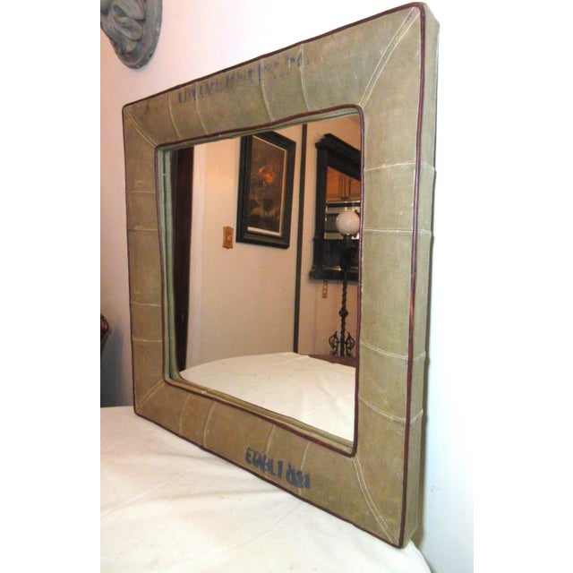 American Share Vintage Handmade Repurposed Military Army Navy Canvas Square Green Wall Mirror For Sale - Image 3 of 12