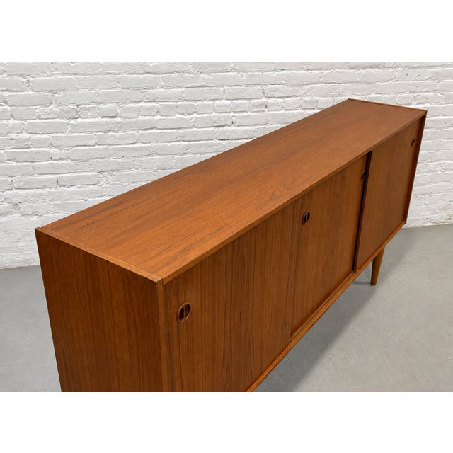 Long Mid Century Modern Teak Credenza | Danish Sliding Door Sideboard, C. 1960's For Sale - Image 9 of 13