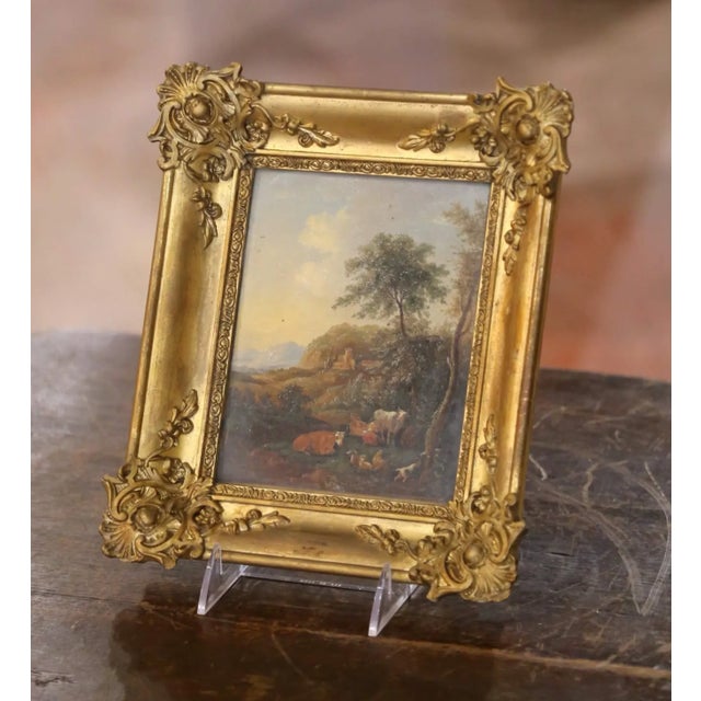French 19th C. French Pastoral Landscape Painting on Board With Glass in Gilt Frame For Sale - Image 3 of 7