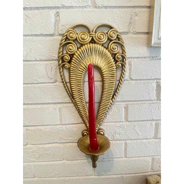 2 VTG Egyptian Inspired Ornate Faux Wicker & Rattan Scrolled Homco Candle Holders Set, Wall Hanging Decorative Candle Votives Gilded Gold Wall Sconces For Sale - Image 11 of 11