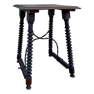 1920s Spanish Baroque Revival Oak Side Table with Barley Twist Legs and Iron Stretcher For Sale