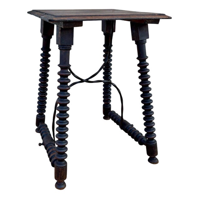 1920s Spanish Baroque Revival Oak Side Table with Barley Twist Legs and Iron Stretcher For Sale