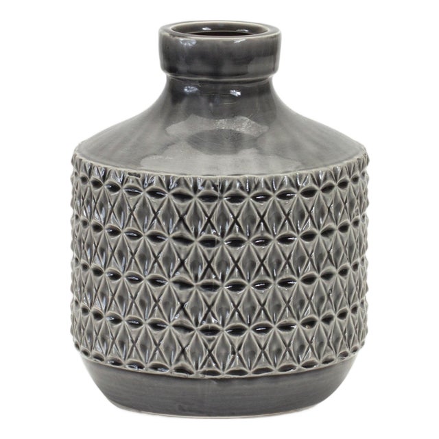 Goemetric Terra Cotta Vase withBlack Finish 9"H For Sale