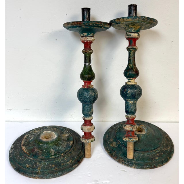 Wood Pair Tuscan Polychrome Wooden Altar Candlesticks, Worn Patina, 18th / 19th C. For Sale - Image 7 of 17