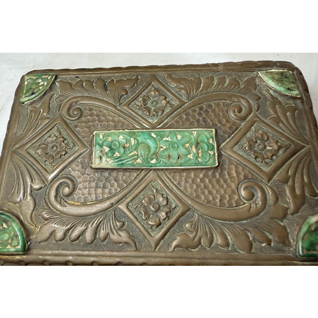 Antique 19th Century Hand Tooled Copper Carved Jade Stone Wood Cigarette Box For Sale In New York - Image 6 of 13