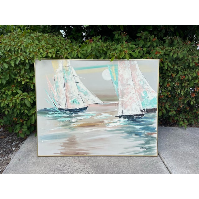Large contemporary sailboat painting featuring an expressive abstract coastal composition in soft aqua, blush, cream,...