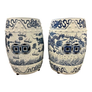 Mid 20th Century Blue & White Chinese Dragon Garden Stool Side Tables - A Pair For Sale