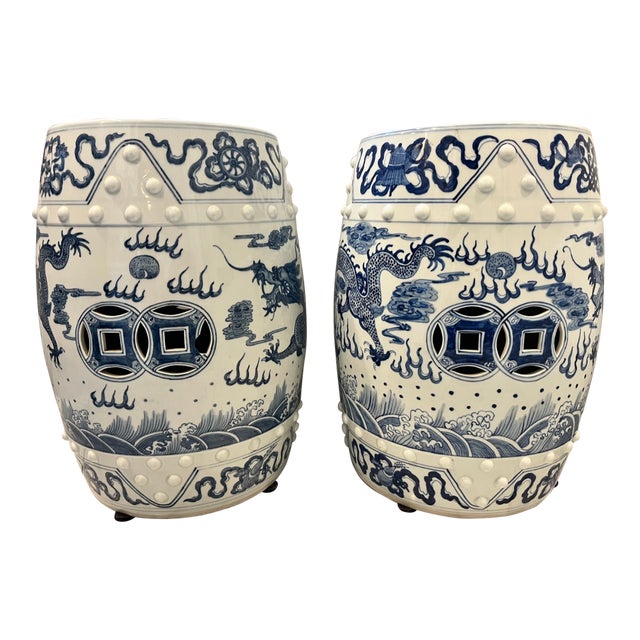 Mid 20th Century Blue & White Chinese Dragon Garden Stool Side Tables - A Pair For Sale