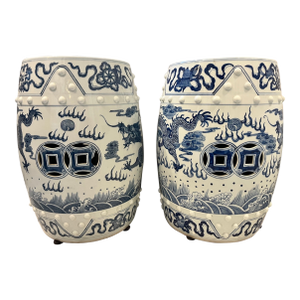 Mid 20th Century Blue & White Chinese Dragon Garden Stool Side Tables - A Pair