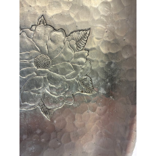 Silver Vintage Farberware Wrought Aluminum Tray, Etched Floral Motif, Brooklyn Ny For Sale - Image 8 of 9