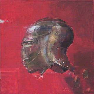 Iron Man Exists by Elena Burykina | Oil on panel Portrait of a metallic helmet on a red background. For Sale