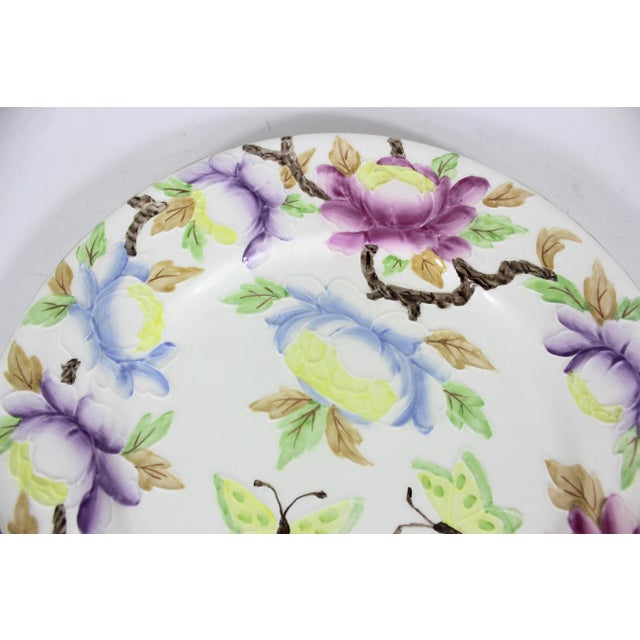 Maling Ware Majolica Peony Rose Butterfly Charger Plate 11". 6507 For Sale - Image 4 of 9