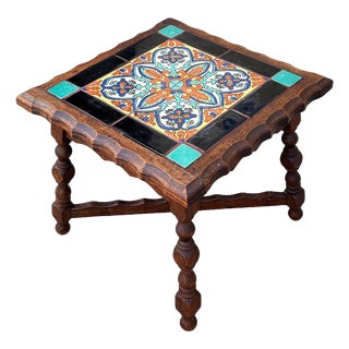 1930 Spanish Style Sculpted Dark Stained Mahogany Side Table W/ Taylor Tile-Top For Sale