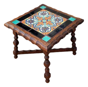 1930 Spanish Style Sculpted Dark Stained Mahogany Side Table W/ Taylor Tile-Top