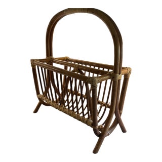 1960s MCM Rattan Magazine Rack For Sale