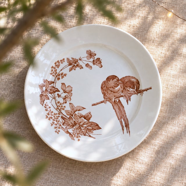 Magnificent antique round sepia-toned ironstone platter, signed Longwy Le Favori, circa 1870. Charming naturalistic sepia...