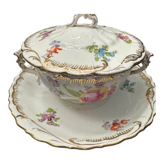 Antique Dresden Richard Klemm Lidded Bouillon Cup & Saucer For Sale