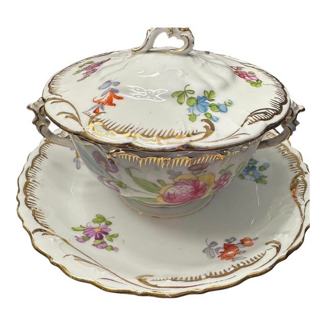 Antique Dresden Richard Klemm Lidded Bouillon Cup & Saucer For Sale