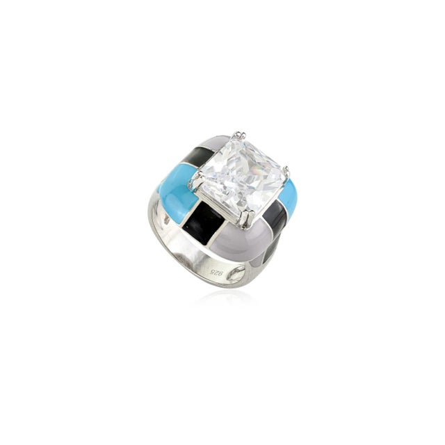 Boho Chic Sparkling Sterling Silver Enamel & Crystal Unisex Statement Ring by Carat&her- Size 8 For Sale - Image 3 of 12