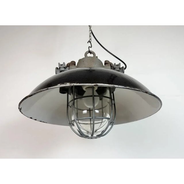 Black Industrial Black Enamel and Cast Iron Cage Pendant Light, 1960s For Sale - Image 8 of 18