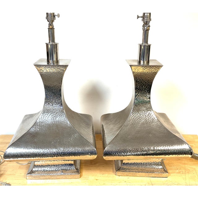 Late 20th Century Monumental Hand-Hammered Silver-Plated Modernist Table Lamps - a Pair For Sale - Image 4 of 18