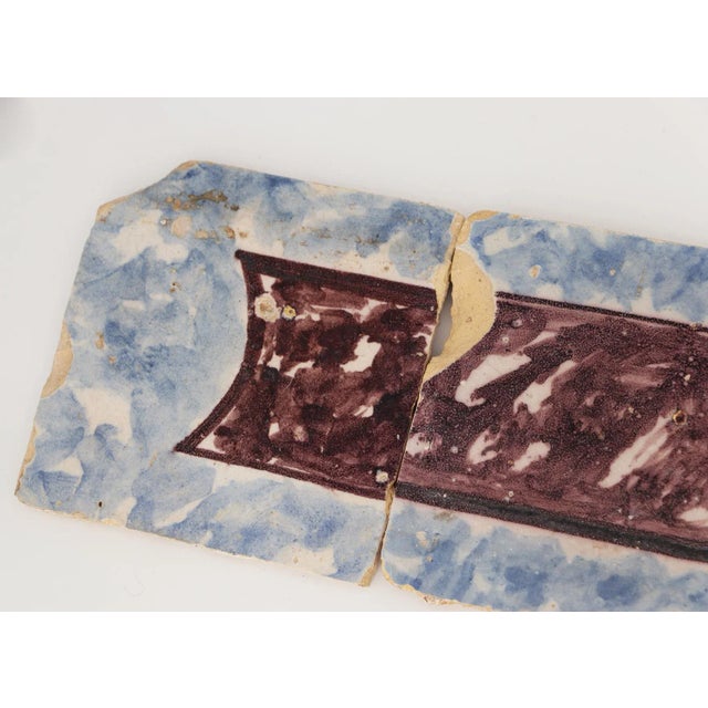 Baroque 18th Century Antique Portuguese Strip of Five Blue and Brown Spongeware Tiles For Sale - Image 3 of 9