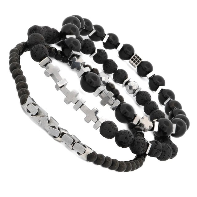 Early 21st Century Black Gemstone & Hematite Power Trio Bracelet Set For Sale - Image 5 of 6