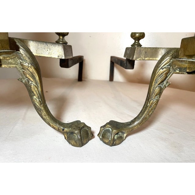 1910s Pair Antique Ornate Victorian Solid Bronze Cast Iron Claw Fireplace Andirons Set For Sale - Image 5 of 11