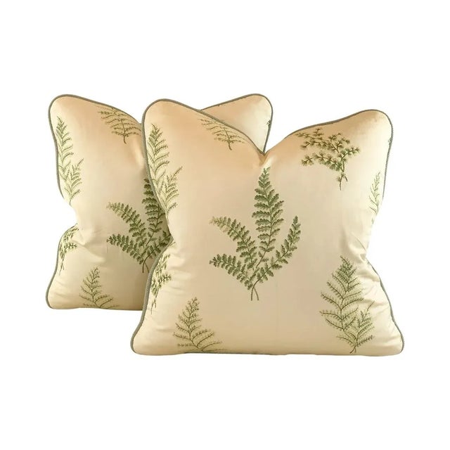 Yellow Maxwell P Kaufmann Green & Pale Yellow Botanical Fern Frond Leaf Embroidered Woven Pillow Covers- Pair For Sale - Image 8 of 8